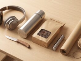 Typische Weihnachtsgeschenke für Männer auf einer Holzflaeche
