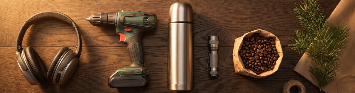 Kopfhörer, Akkuschrauber und Thermosflasche als Weihnachtsgeschenke auf dunklem Holz