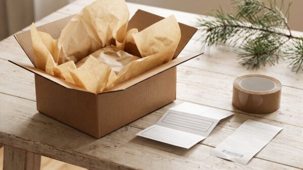 weihnachtsgeschenke ruecksendung Paket mit Ruecksendeetikett und Weihnachtsgeschenk auf einem Tisch
