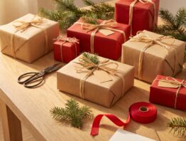 Verpackte Weihnachtsgeschenke mit Packpapier und Bastschnur auf einem Holztisch