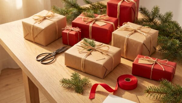 weihnachtsgeschenke verpackt Verpackte Weihnachtsgeschenke mit Packpapier und Bastschnur auf einem Holztisch