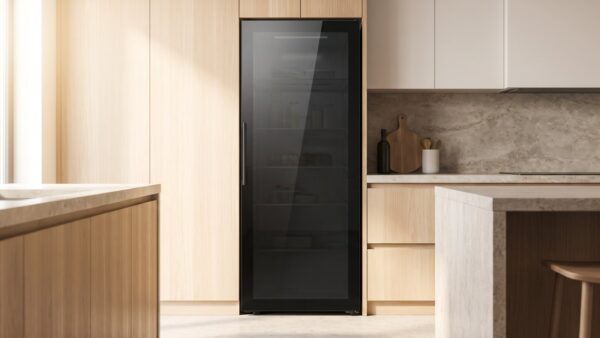 Schlanker Kühlschrank mit getönter Glastür in heller Küche
