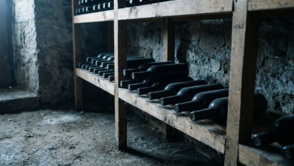 Weinregal mit liegenden Flaschen in einem gemauerten Keller
