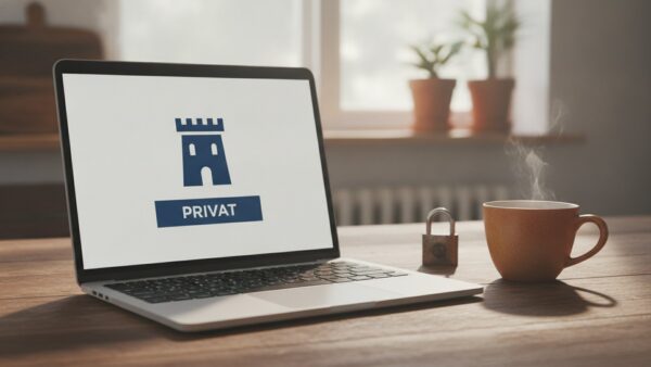 Datenschutz bei KI-Chatbots: Laptop mit Schloss-Symbol und Wortmarke Privat