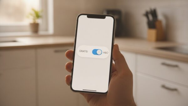 Kostenlose KI oder Abo: Smartphone mit Schalter zwischen Gratis und Abo