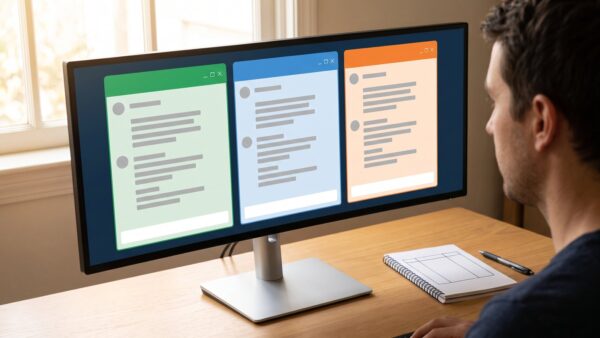 Welche KI ist die beste: drei Chat-Fenster im Vergleich auf einem Monitor