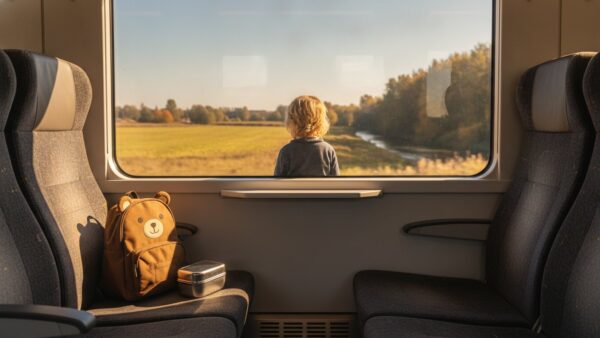 weltkindertag 2026 bild 3 Kind mit Rucksack schaut aus dem Fenster einer Regionalbahn auf herbstliche Felder