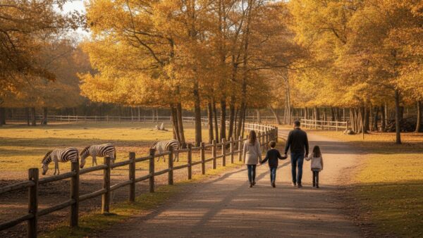 weltkindertag 2026 bild 4 Familie von hinten auf einem Weg durch einen herbstlichen Tierpark mit Zebras