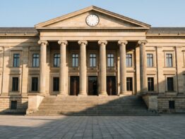 Fassade eines klassischen Gerichtsgebäudes mit Säulen und Freitreppe im Vormittagslicht
