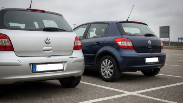 werkstattrisiko kasko bild 2 Zwei Autos auf einem Parkplatz, am hinteren Stoßfänger eine Delle und ein Kratzer