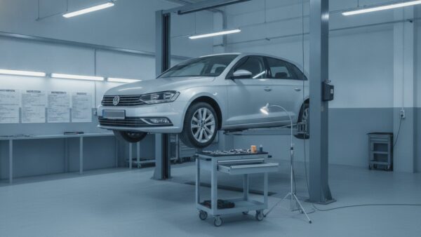 werkstattrisiko kasko bild 3 Auto auf der Hebebühne in einer sauberen Werkstatt, daneben ein Werkzeugwagen