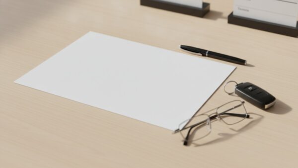 werkstattrisiko kasko bild 4 Leerer Papierbogen, Kugelschreiber, Lesebrille und Autoschlüssel auf hellem Holztisch