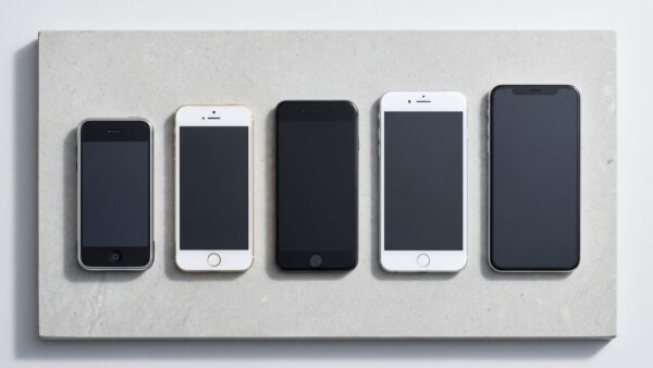 whatsapp alte iphones bild 1 Fünf iPhone-ähnliche Smartphones verschiedener Generationen in einer Reihe, vom ältesten zum neuesten