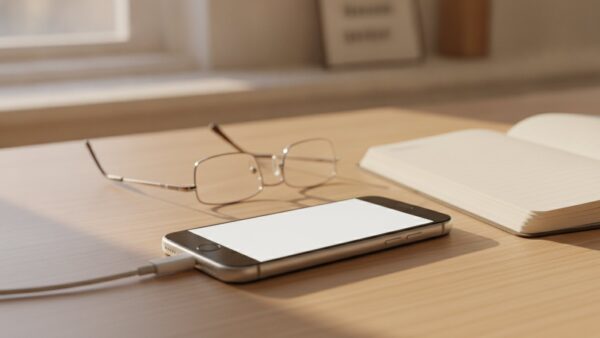 whatsapp alte iphones bild 2 Älteres Smartphone mit Home-Taste am Ladekabel neben Lesebrille und Notizbuch auf dem Küchentisch