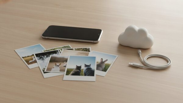 whatsapp alte iphones bild 3 Smartphone neben ausgedruckten Fotos und einer kleinen Keramikwolke als Sinnbild fĂĽr das Chat-Backup