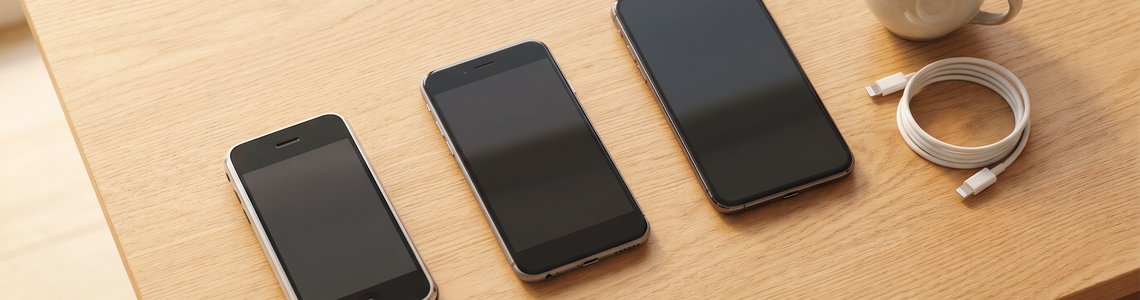 Drei Smartphones unterschiedlichen Alters nebeneinander auf einem hellen Holzschreibtisch