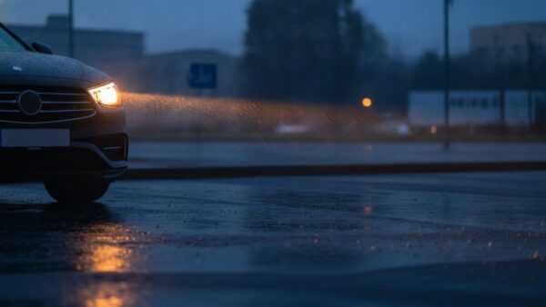 wintercheck auto bild 3 Eingeschalteter Autoscheinwerfer wirft in der Dämmerung einen Lichtkegel auf nassen Asphalt