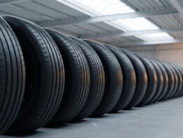 Lange Reihe aufrecht stehender Autoreifen mit glatten Flanken in einer hellen Halle