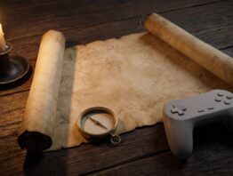 Unbeschriftete Pergamentkarte mit Messingkompass, Kerze und einem schlichten Gamecontroller auf einem Holztisch
