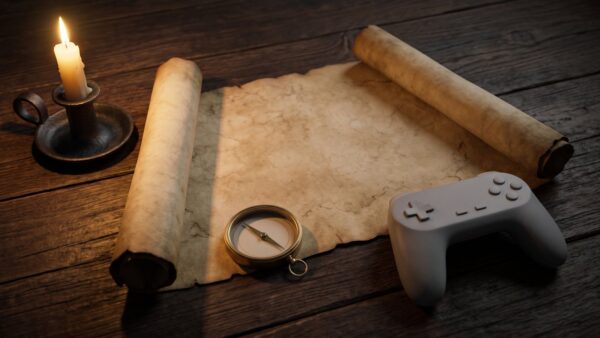 witcher 3 remastered bild 1 Unbeschriftete Pergamentkarte mit Messingkompass, Kerze und einem schlichten Gamecontroller auf einem Holztisch