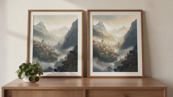 witcher 3 remastered bild 2 Zwei gerahmte Bilder desselben Bergdorfs, links in flachen Farben, rechts detailreich mit Licht und Nebel – Symbol für den Grafikvergleich