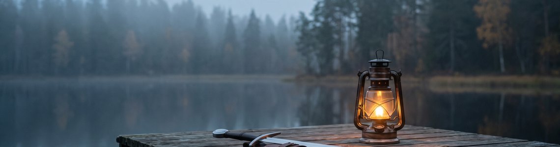 Nebliger Wald am See mit einem Holzsteg, auf dem ein Schwert in Lederscheide und eine Laterne liegen