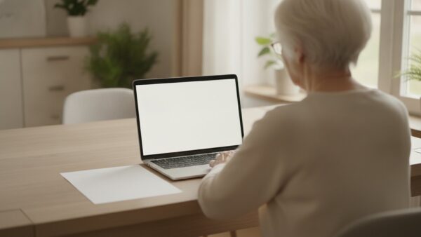 Ältere Frau von hinten am Esstisch vor einem Laptop mit leerem Bildschirm