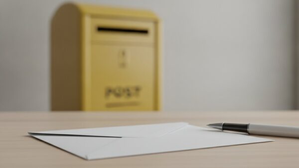 Verschlossener weißer Briefumschlag mit Kugelschreiber vor einem unscharfen Briefkasten
