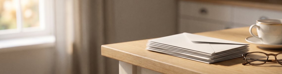 Küchentisch mit leeren Briefumschlägen, Lesebrille und Teetasse im Morgenlicht
