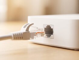 Netzwerkstecker rastet in einem weißen Netzwerkgerät ein