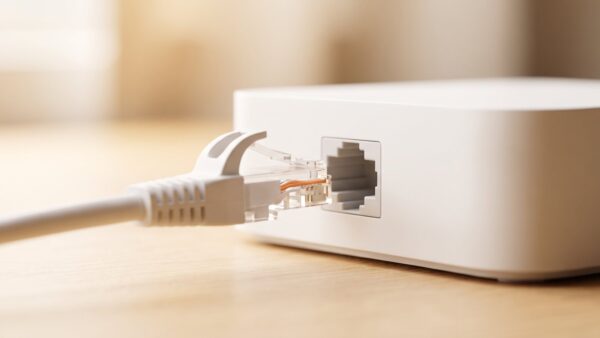 wlan access point bild 1 Netzwerkstecker rastet in einem weißen Netzwerkgerät ein