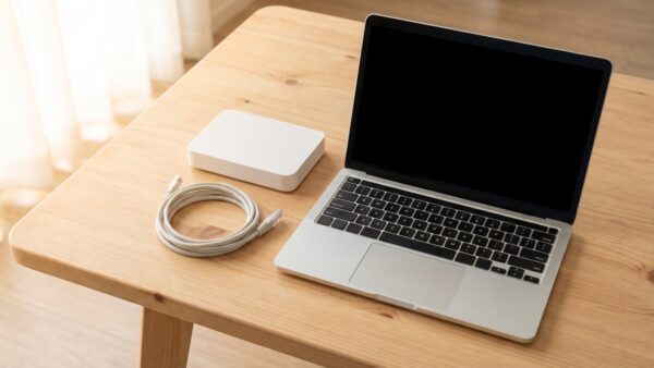 wlan access point bild 2 Notebook mit dunklem Bildschirm neben Netzwerkgerät und Kabel
