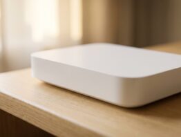 Nahaufnahme eines weißen Routers ohne Aufkleber