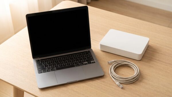 wlan passwort anzeigen bild 2 Notebook mit dunklem Bildschirm neben Router und Netzwerkkabel