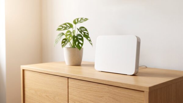 wlan passwort anzeigen bild 3 WeiĂźer Router auf einem Sideboard neben einer Zimmerpflanze