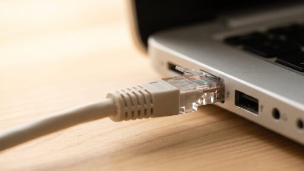 wlan speedtest bild 1 Netzwerkkabel im Anschluss eines Notebooks