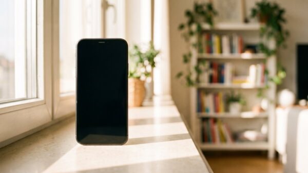 Smartphone mit dunklem Bildschirm auf einer Fensterbank
