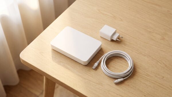 Router, Steckdosenadapter und Netzwerkkabel auf einem Holztisch