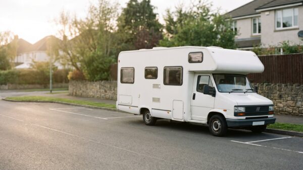Reisemobil parkt am rechten Fahrbahnrand einer leeren Vorstadtstraße