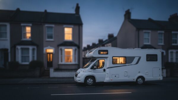 Großes Reisemobil am Straßenrand einer Wohnstraße in der Abenddämmerung