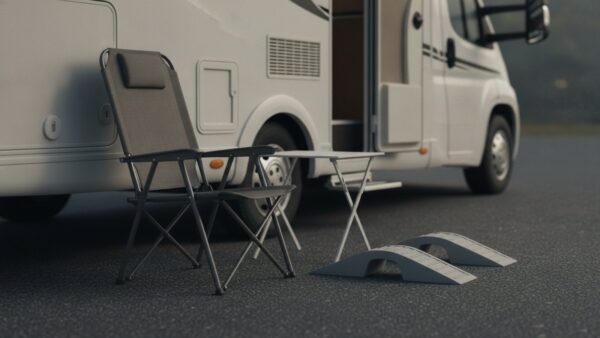 Zusammengeklappte Campingstühle, Klapptisch und Auffahrkeile neben einem Reisemobil