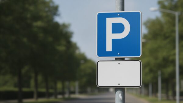 Blaues Parkschild mit leerem Zusatzschild an einem Mast vor unscharfer Straße