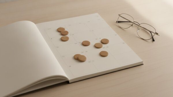 workation bild 3 Leerer aufgeschlagener Wandkalender mit kleinen Holzmarkern und Lesebrille auf einem Schreibtisch