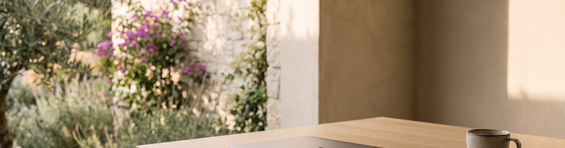 Geschlossener Laptop mit Notizbuch und Kaffeetasse auf einem Holztisch auf einer schattigen Terrasse