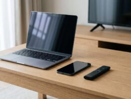 Laptop, Smartphone und TV-Fernbedienung auf einem Couchtisch als Geräte für den WOW Login