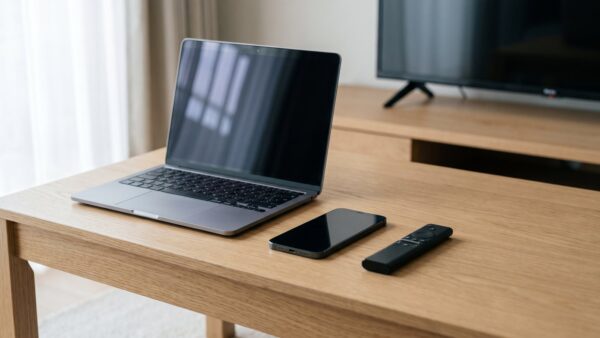 wow login bild 1 Laptop, Smartphone und TV-Fernbedienung auf einem Couchtisch als Geräte für den WOW Login