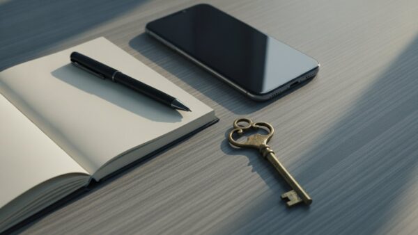wow login bild 2 Smartphone, leerer Notizblock und MessingschlĂĽssel als Symbol fĂĽr ein vergessenes WOW Passwort