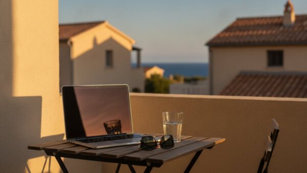 wow login bild 4 Laptop auf einem Balkontisch mit Meerblick als Symbol fĂĽr WOW im EU-Ausland