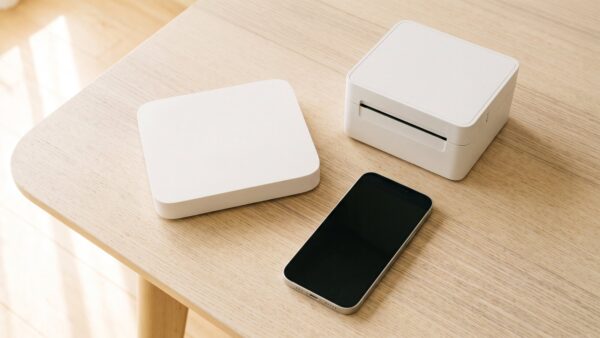 wps taste bild 2 Router, kleiner Drucker und Smartphone mit dunklem Bildschirm