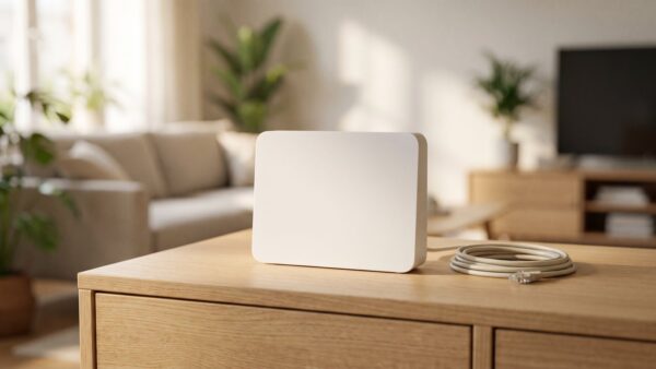 wps taste bild 3 WeiĂer Router auf einem Sideboard neben einem Netzwerkkabel